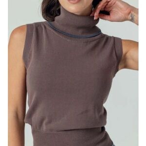 sundays Sleeveless Turtleneck Knit Tank in Taupe with Slate Trim